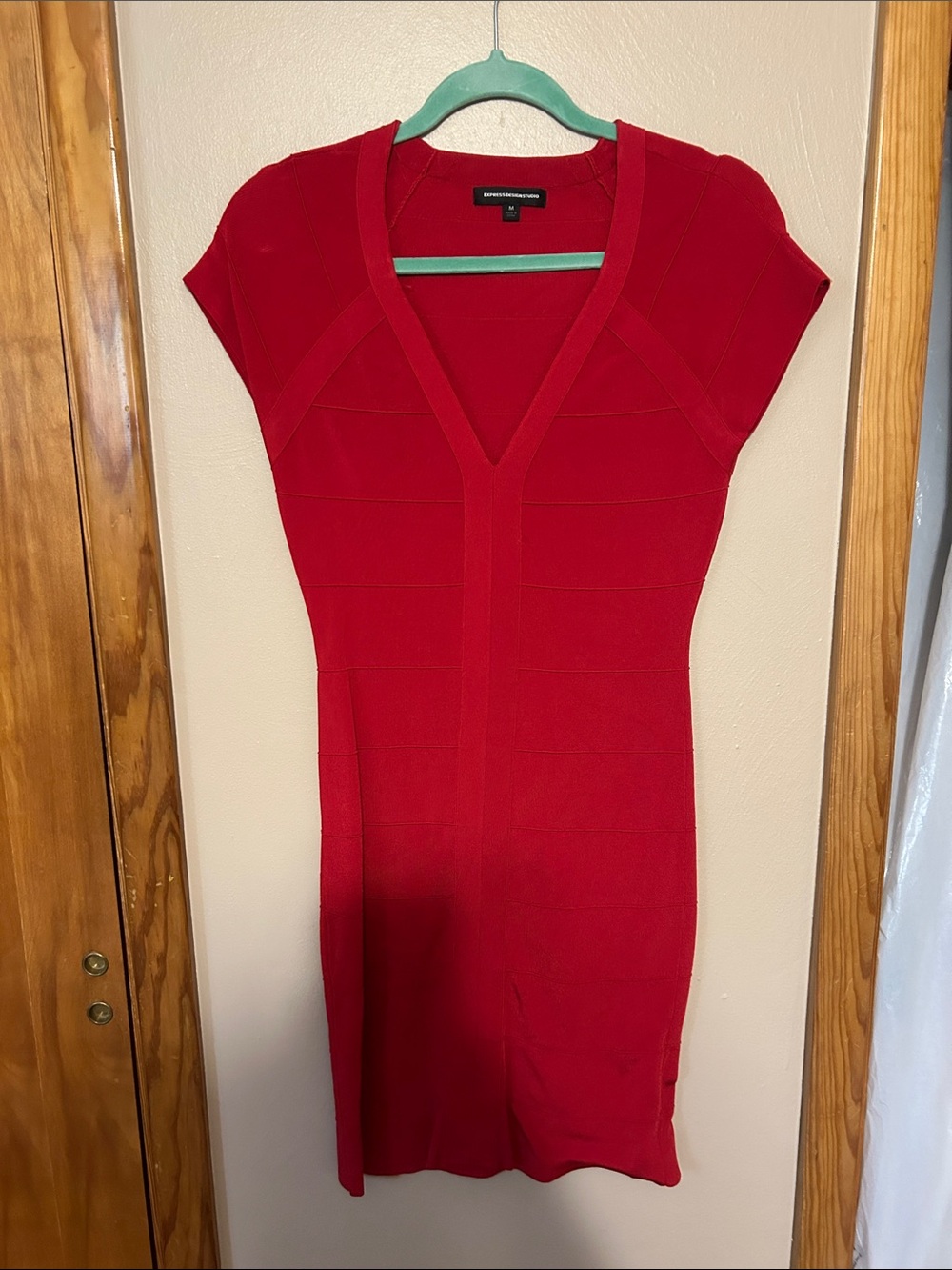 Express Red V-Neck Short Sleeve Knit Mini Dress